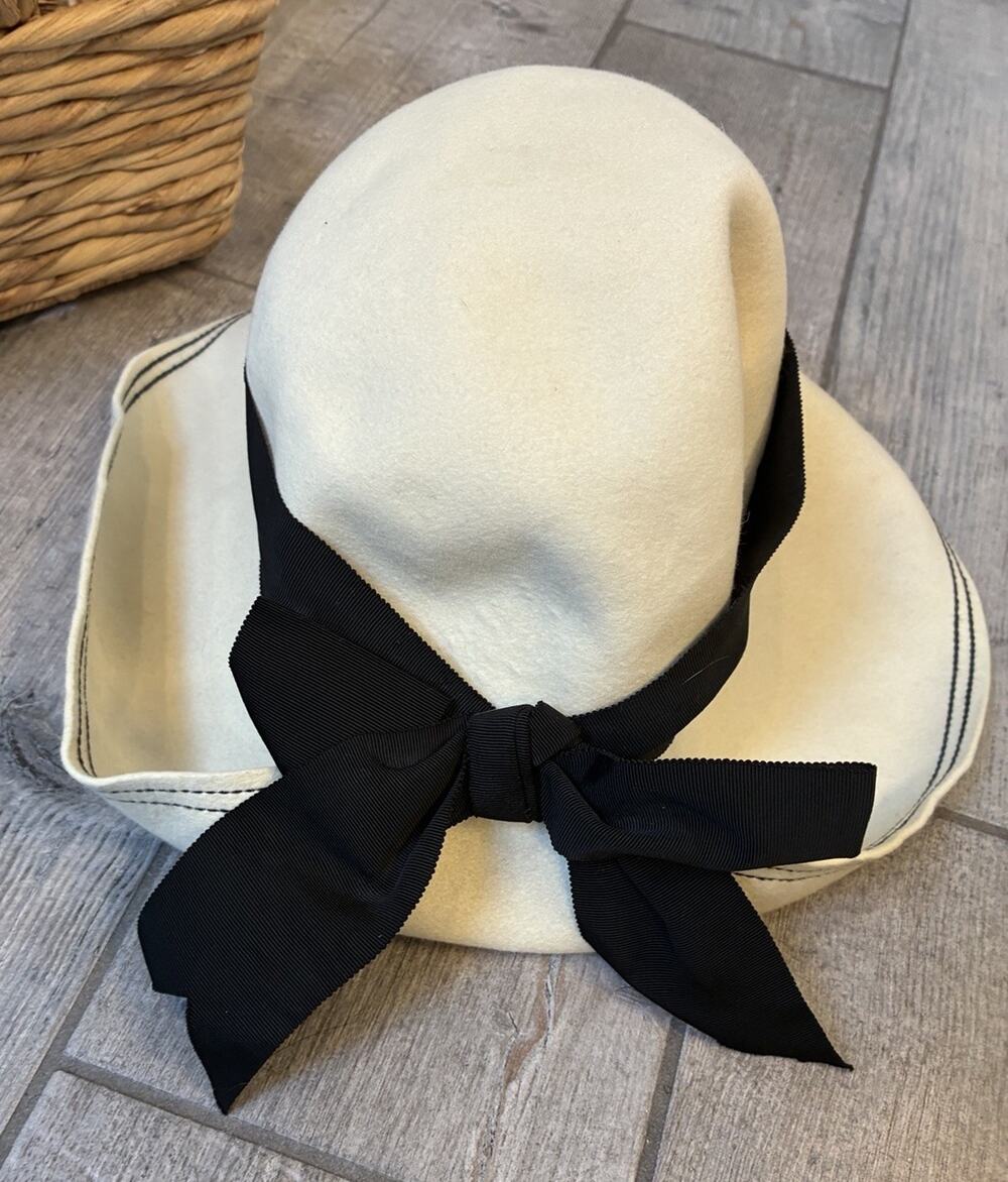 Vtg Julius Garfinckel Debutante Cream Wool Felt Hat Black Ribbon Bow 1950s Small